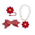 Stanley cup accessories set featuring red glitter bow, flower straw cover and pearl chain. - Red