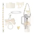 Tumbler accessory set with daisy strap, bow keychain, and pearl pendant for cups. - Cream White 6-Piece Set
