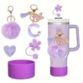 Stanley tumbler accessories set with purple pom pom keychain resin letter and straw cap. - Style C