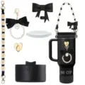 Black tumbler accessories set including daisy strap bow charm silicone boot cup decor - Black 6-Piece Set