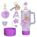 Cute purple tumbler accessories set with pompom keychain, resin letter charm and straw cover. - Style A