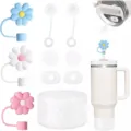 Set d'accessoires de tasses en silicone avec couvercle de paille de fleur et bouchon anti-fuite - Ensemble de 10 pièces de fleurs