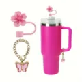 Pink tumbler cup set with cherry blossom straw cover and gold butterfly charm pendant. - Pink