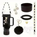Tumbler accessories set black cup sleeve daisy strap plush pompom charm bow set - Black