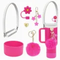 Pink tumbler accessories kit including silicone boot, strap, flower straw cover and pom pom. - Rose Red