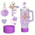 Purple Stanley tumbler accessories set with letter F keychain, pom pom, and straw topper. - Style F