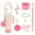 Pink tumbler accessory set with floral woven strap, cute bow and fluffy pompom charms. - Pink