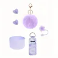 Purple tumbler accessories set including pom-pom keychain, silicone boot, and straw cover. - Light Purple