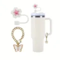 Stanley tumbler accessories set with cute flower straw cover and gold butterfly charm. - White