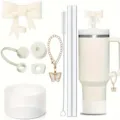 Set di accessori per tazza termica bianco crema con tappo di paglia a fiocco e catena - Bianco