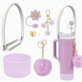 Tumbler accessories set including silicone boot strap flower straw topper and plush pom pom chain - Purple