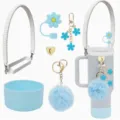 Silicone tumbler strap, floral straw cover, pom-pom charm, and cup sleeve accessory set. - Blue