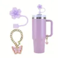 Stanley tumbler accessory set with purple flower silicone straw cover and butterfly chain. - Purple
