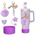 Purple tumbler accessories set including silicone boot, straw topper, and cute keychains. - Style I
