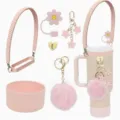 Pink Stanley tumbler accessories set silicone boot strap flower charm pompom straw cover - Creamy Pink