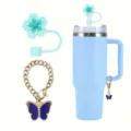 Light blue insulated tumbler set with cute silicone flower straw cap and butterfly chain charm. - Blue