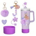 Purple tumbler accessories set featuring pompom keychain, glitter letter J charm and straw cover. - Style J