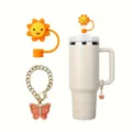 Cute Stanley tumbler accessories set with 10mm flower silicone straw cover and pink butterfly chain. - Orange
