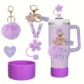 Purple tumbler accessories set with fluffy pom pom, butterfly letter charm and straw cover. - Style V