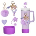 Purple tumbler accessories set with handle cup silicone boot flower straw cover keychain - Style Y