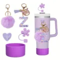 Stanley tumbler accessories set purple pom pom keychain resin letter Z butterfly straw cover boot - Style Z