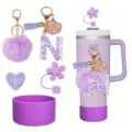 Purple tumbler accessories set with letter N keychain pompom straw cover for 40 oz cup - Style N