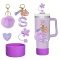 Tumbler accessories set featuring letter keychain, pom-pom, straw cover and silicone boot. - Style S