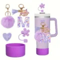 Purple tumbler accessory set with initial M keychain, pompom, butterfly and straw cover. - Style M