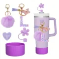 Purple insulated tumbler accessory set with letter keychain pompom flower straw cover 5pcs - Style L