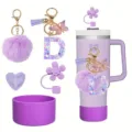 Purple tumbler accessory set featuring resin letter D charm, pom pom keychain and straw cover. - Style D
