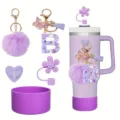 Purple insulated tumbler accessory set with letter B charm, pompom keychain and straw cover - Style B