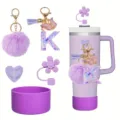 Purple tumbler accessories set with letter K keychain pom pom flower straw topper and boot. - Style K