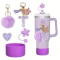Purple tumbler accessories set with letter T keychain, pom pom, flower straw cover and boot. - Style T