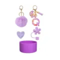 Purple silicone tumbler boot pom pom keychain letter Q charm and flower straw cover set for cup. - Style Q