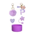 Purple Stanley tumbler accessory set with fluffy pompom keychain, resin letter P, and straw cover - Style P