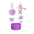 Purple tumbler accessories set including pom-pom keychain, letter charm, and silicone boot. - Style X