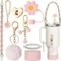 8pcs pink flower tumbler accessories set straw cover cup charm strap boot for cute cup decor - Pink 8-Piece Set
