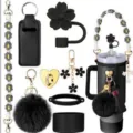 Black tumbler accessories set with braided handle, flower straw cover, pompom and keychain. - Gray