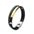 Heren meerlaagse lederen gevlochten armband met gouden plaat en stalen gesp variant - KZ132 Goud