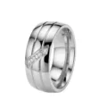 Breiter Edelstahlring mit Doppelrillen und diagonalem Zirkoniasteine-Design in Silber. - 9 / Silber