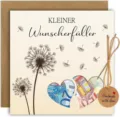 Detailed view of money greeting card with dandelion design, heart cutouts and handmade tag. - Dandelion Style 3