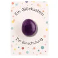Natural crystal stone detail showing purple tumbled gemstone on a greeting card for school. - Amethyst + Card + Pink Spotted Box