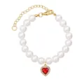 Cute pearl dog collar necklace with red crystal heart pendant and gold extender for small pets. - Dark Red Zirconia Heart Necklace - 7