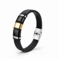 Heren Armband van Zwart Leer en Roestvrij Staal Business Sieraden met Gouden Accent - KZ113-Zwart Zilver Zwart