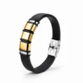 Heren armband van zwart leer met goud en zilverkleurige metalen blokken en roestvrijstalen sluiting. - KZ114 Goud