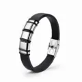 Heren zwart leer roestvrij staal armband business cool metaal blok schakel sieraden - KZ114 Zilver