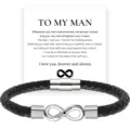 Men's braided leather bracelet with stainless steel magnetic clasp infinity charm detail view. - Custom "To My Man" + Steel Color