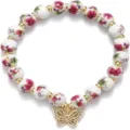 Porcelain floral bead stretch bracelet detail with gold charms and sparkling butterfly pendant. - Blue Porcelain Style 5