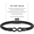 Men's braided leather bracelet with stainless steel infinity clasp, romantic gift detail. - Custom "To My Man" + Black