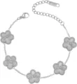 Close-up detail of silver-toned stainless steel flower motif link bracelet elegance. - Silver Tone (Size 10)